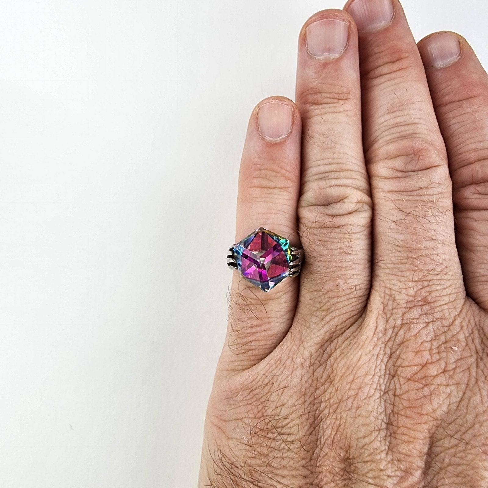 Hands w Iridescent Dichroic Cube Ring Size 7 1/2 Sterling Silver 925 Modernist