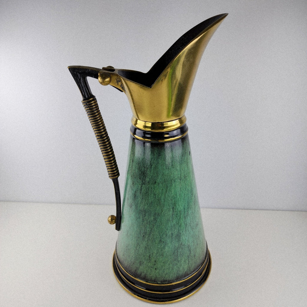 Dayagi Israel 12" Brass and Textured Green Enamel Pitcher Vintage