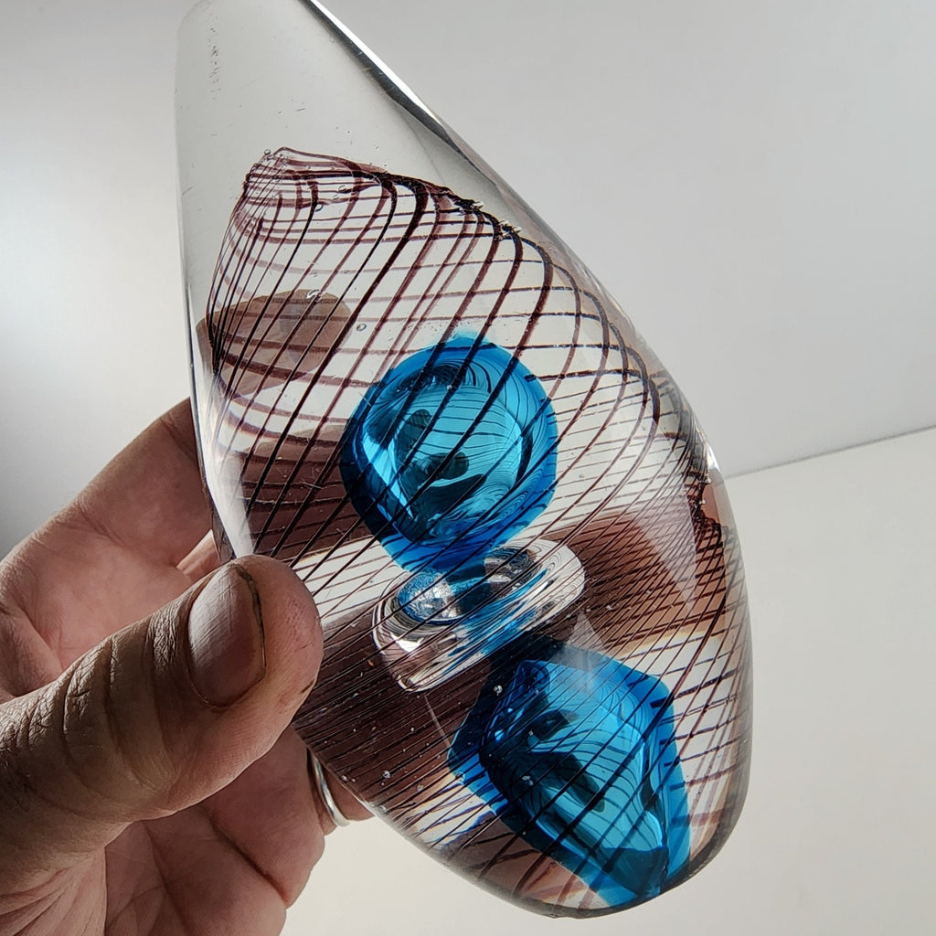 6" Hand Blown Glass Paperweight Air Trap Blue & Clear
