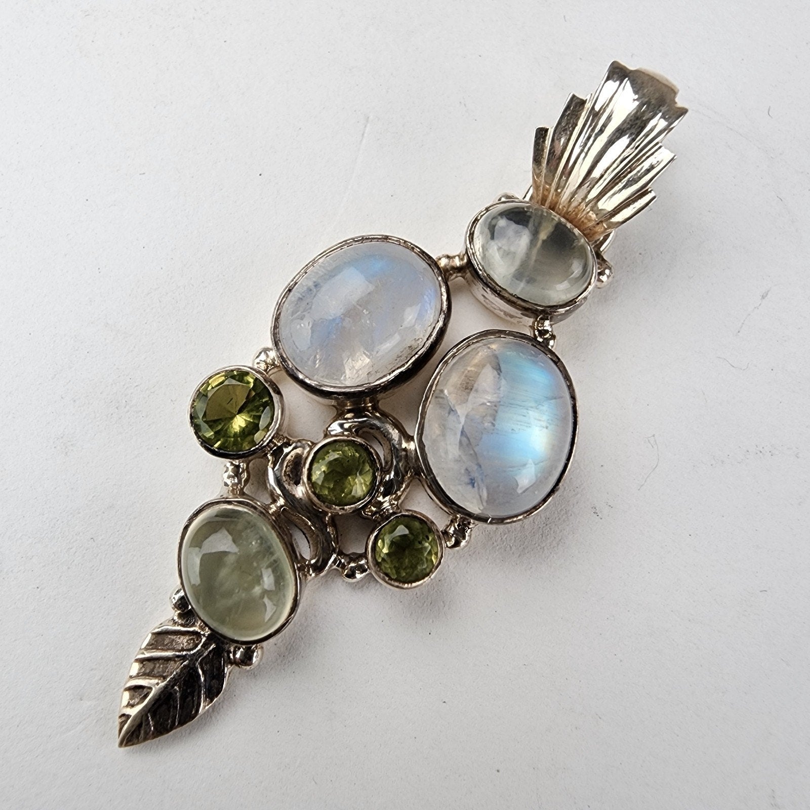 Rainbow Moonstone & Peridot Sterling Silver 925 Pendant Vintage