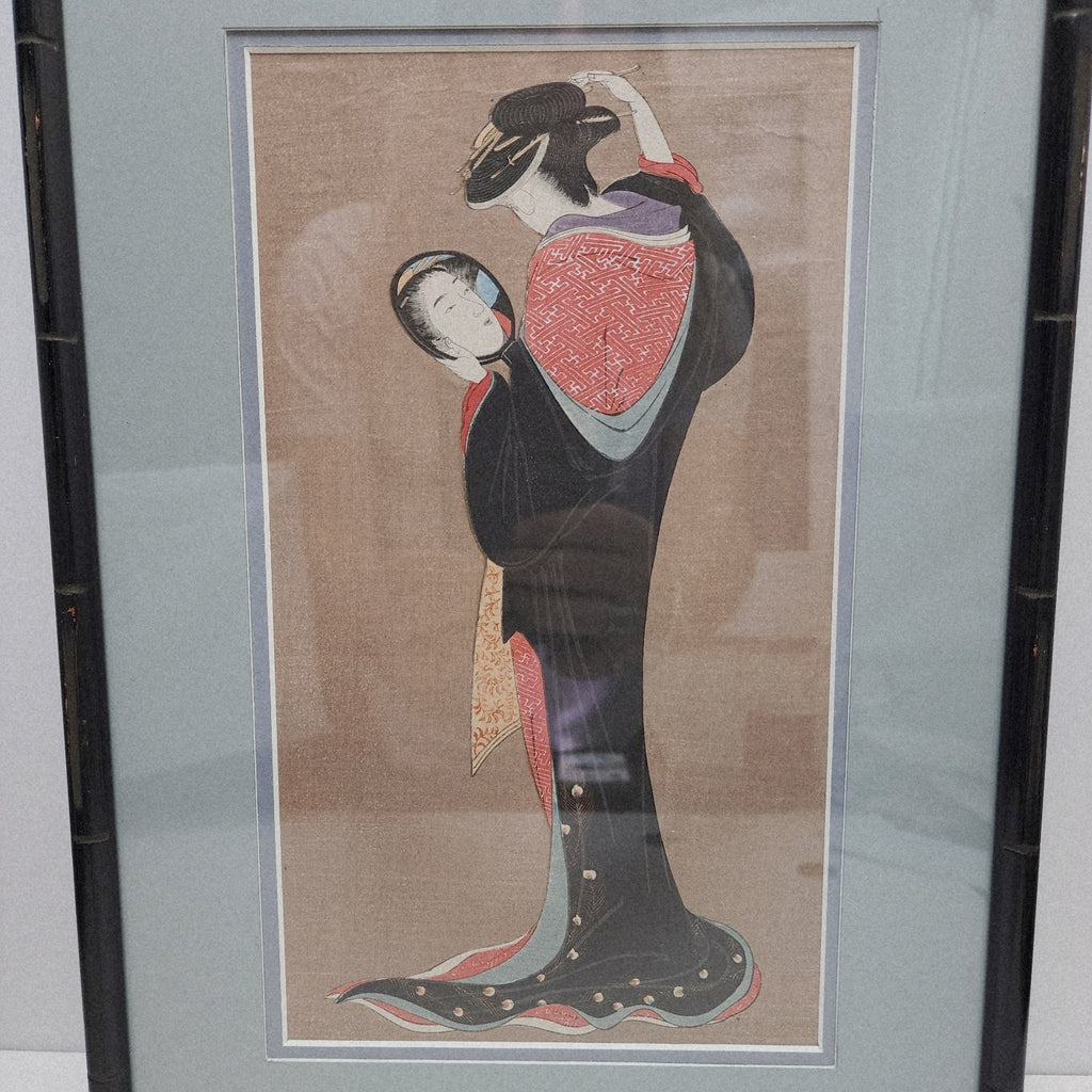 Kitagawa Utamaro Japanese Woodblick Print Girl Admiring Reflection 19c Recut