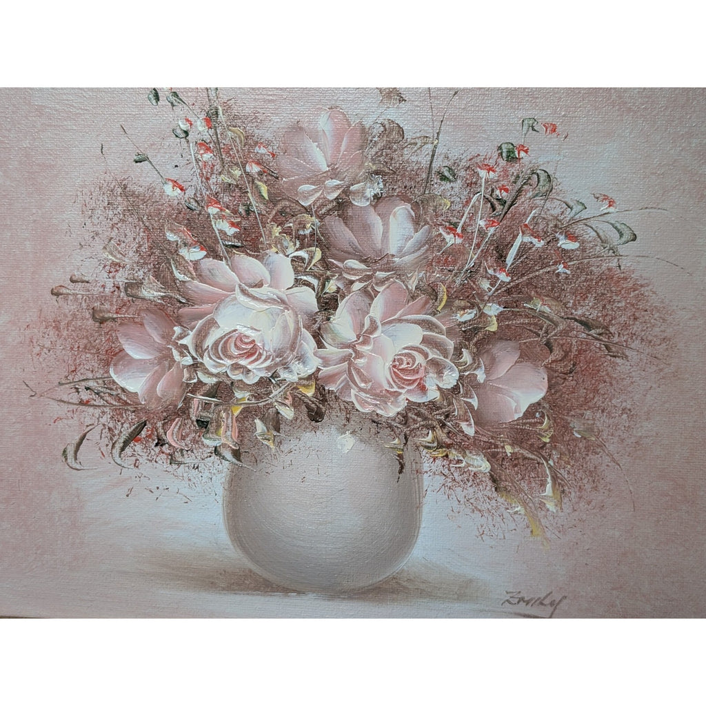 Pink Flowers Still Life Oil Painting Signed Emily Mid Century MCM