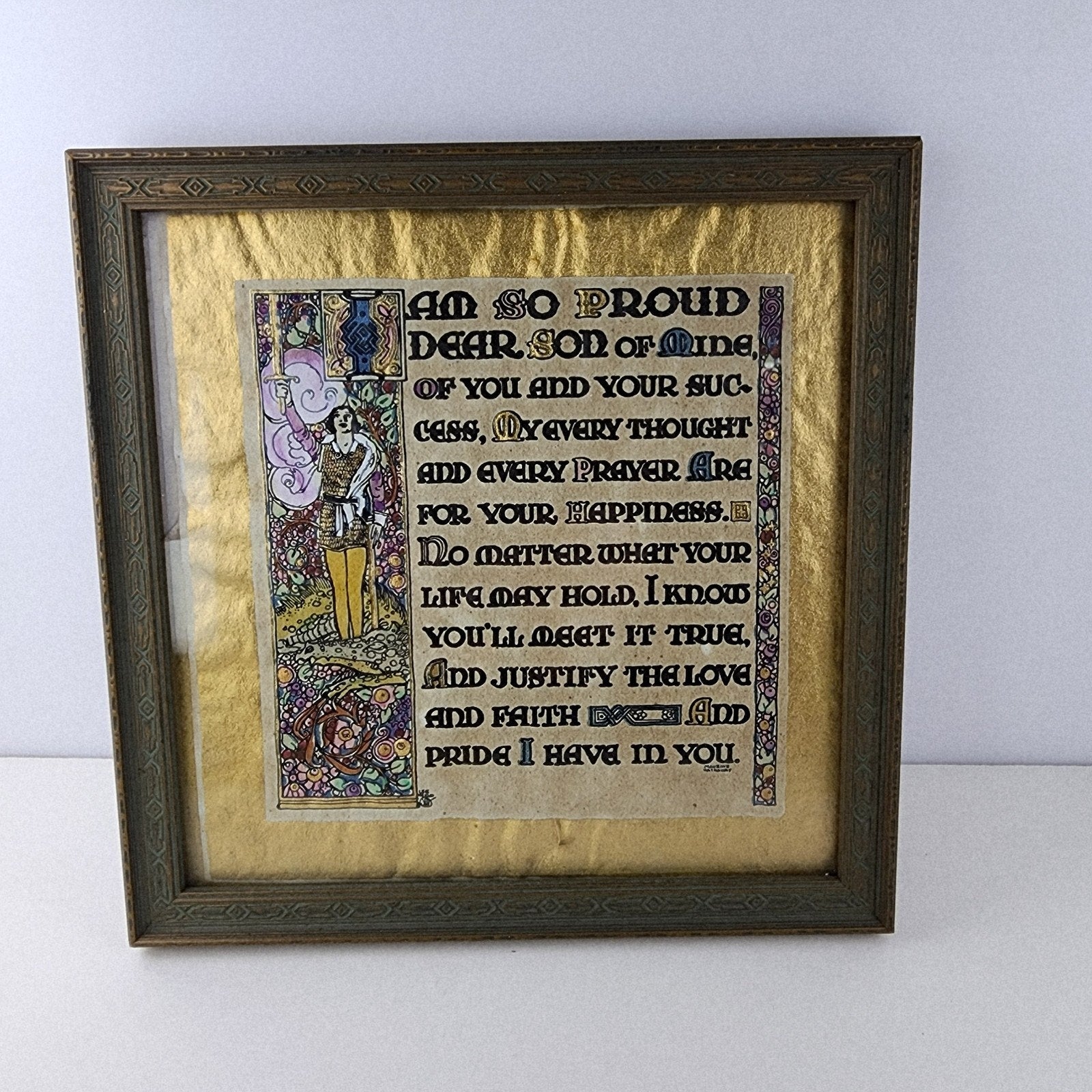 Hand Illuminated Gilded Devotional Parchment Print to Son Original Box Antique