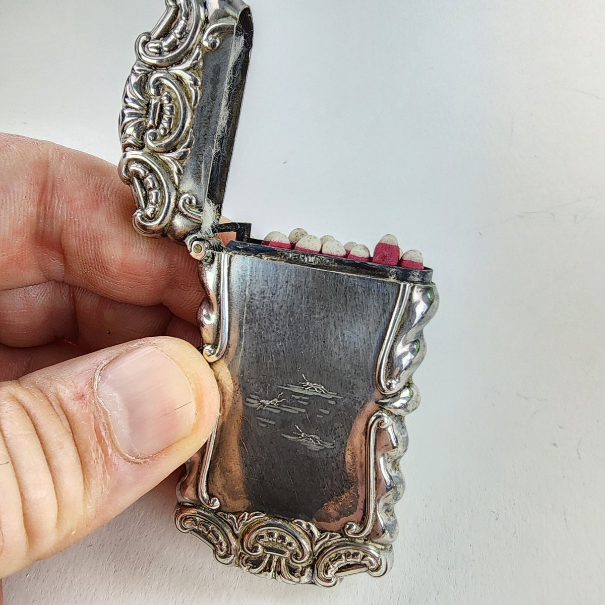 Art Nouveau Match Safe Sterling Silver 925 Engraved Frank & Insects Antique