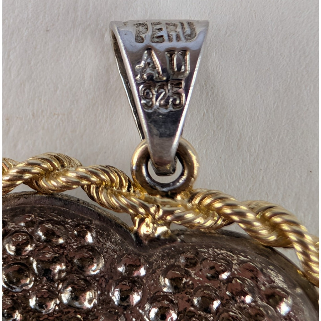 10K Yellow Gold Heart Sterling Silver 925 Pendant Vintage Peru 2.55g