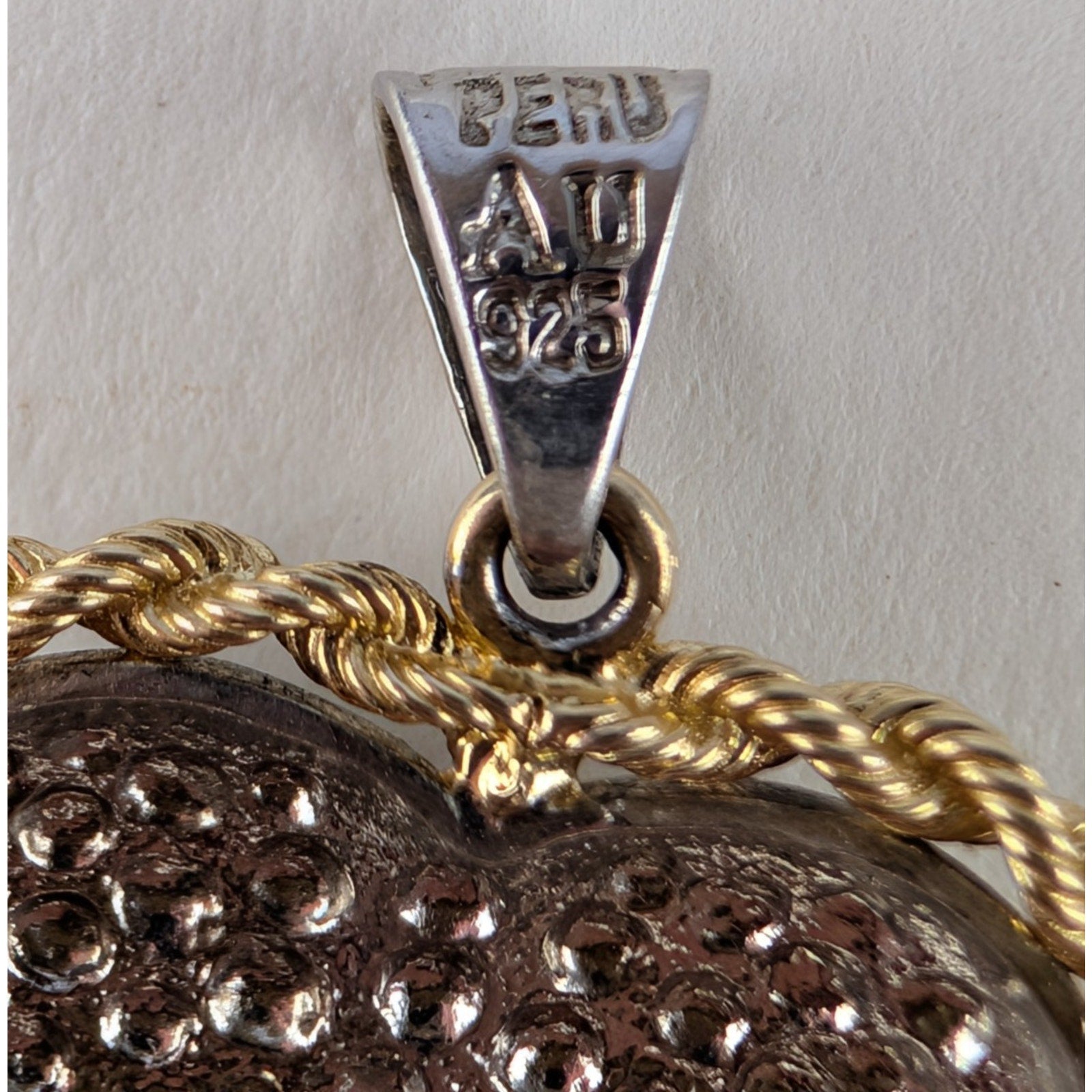 10K Yellow Gold Heart Sterling Silver 925 Pendant Vintage Peru 2.55g