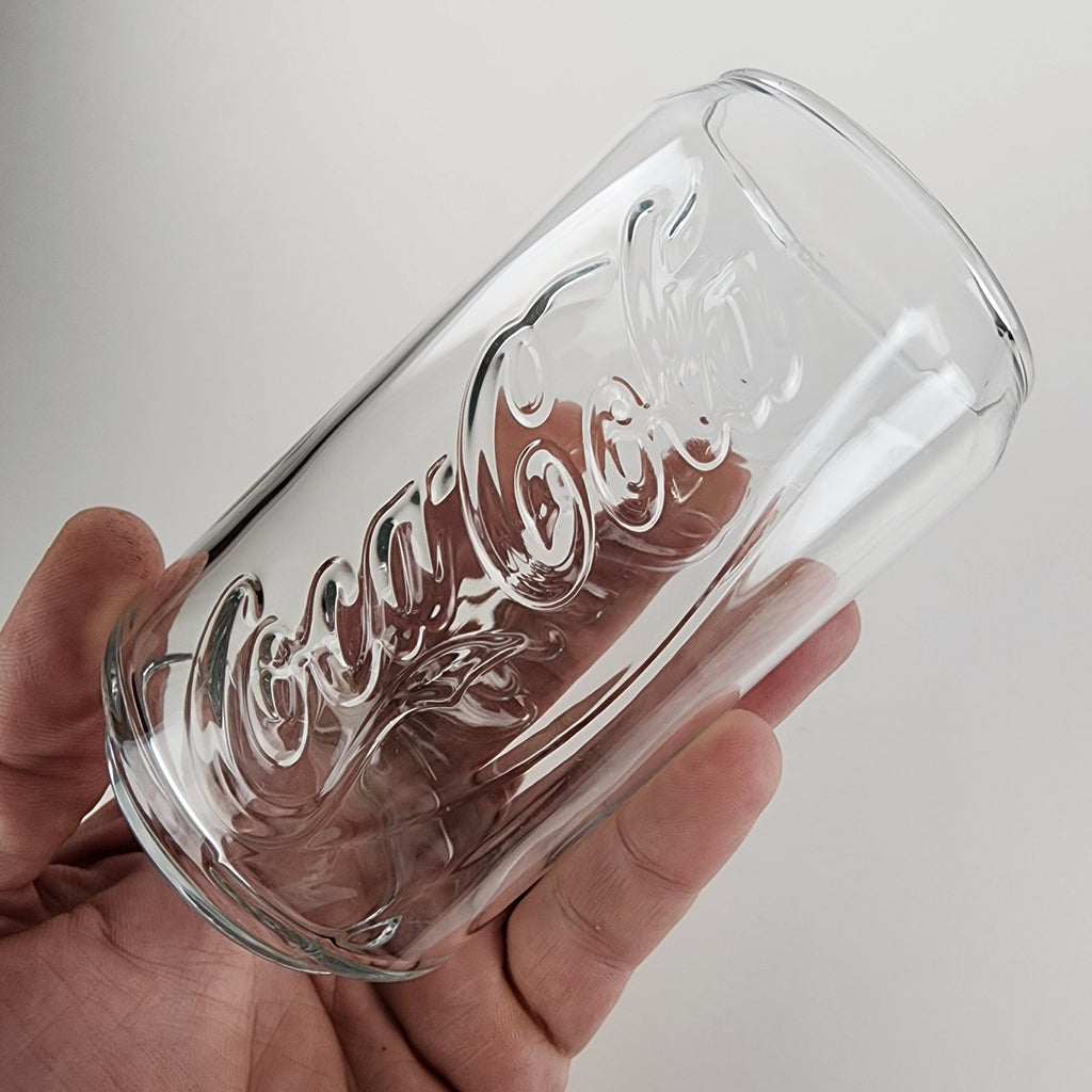 Coca Cola Can Shaped Classic Clear Embossed Glass Tumbler 4 3/4" Tall