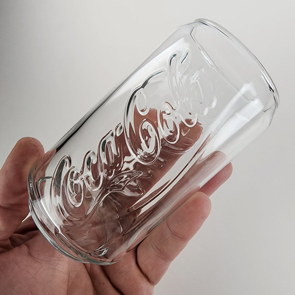 Coca Cola Can Shaped Classic Clear Embossed Glass Tumbler 4 3/4" Tall