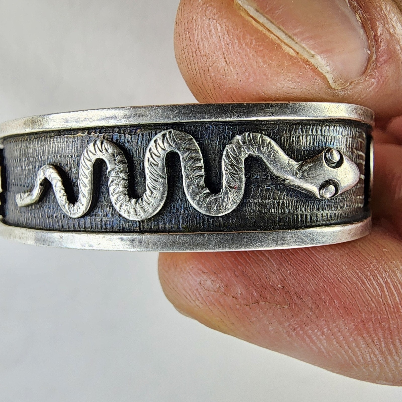 6 1/2" Peru Cuff Bracelet Pre Columbian Symbols Snake Jaguar Sterling Silver 950