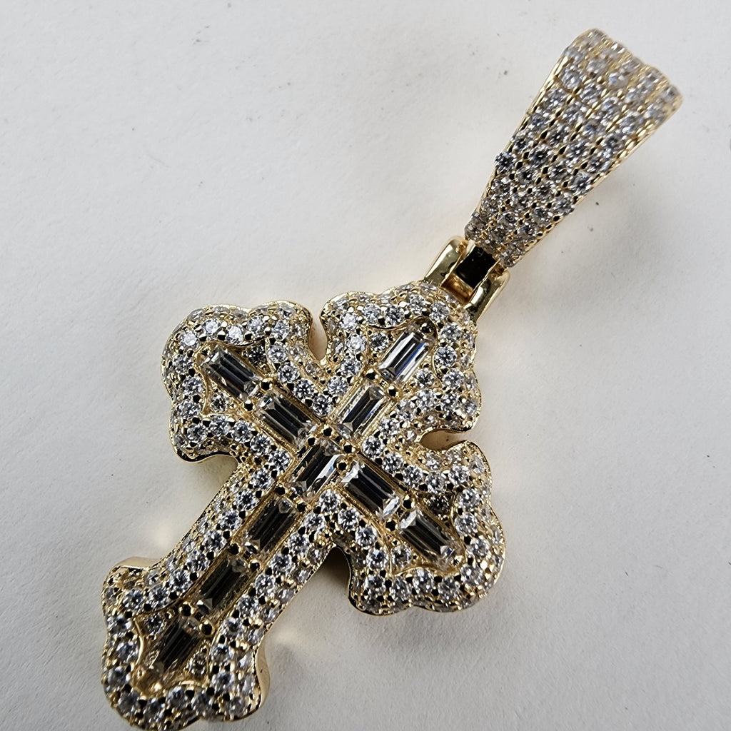 Baguette Moissanite 18K Yellow Gold & Sterling Silver 925 Cross Pendant Iced Out
