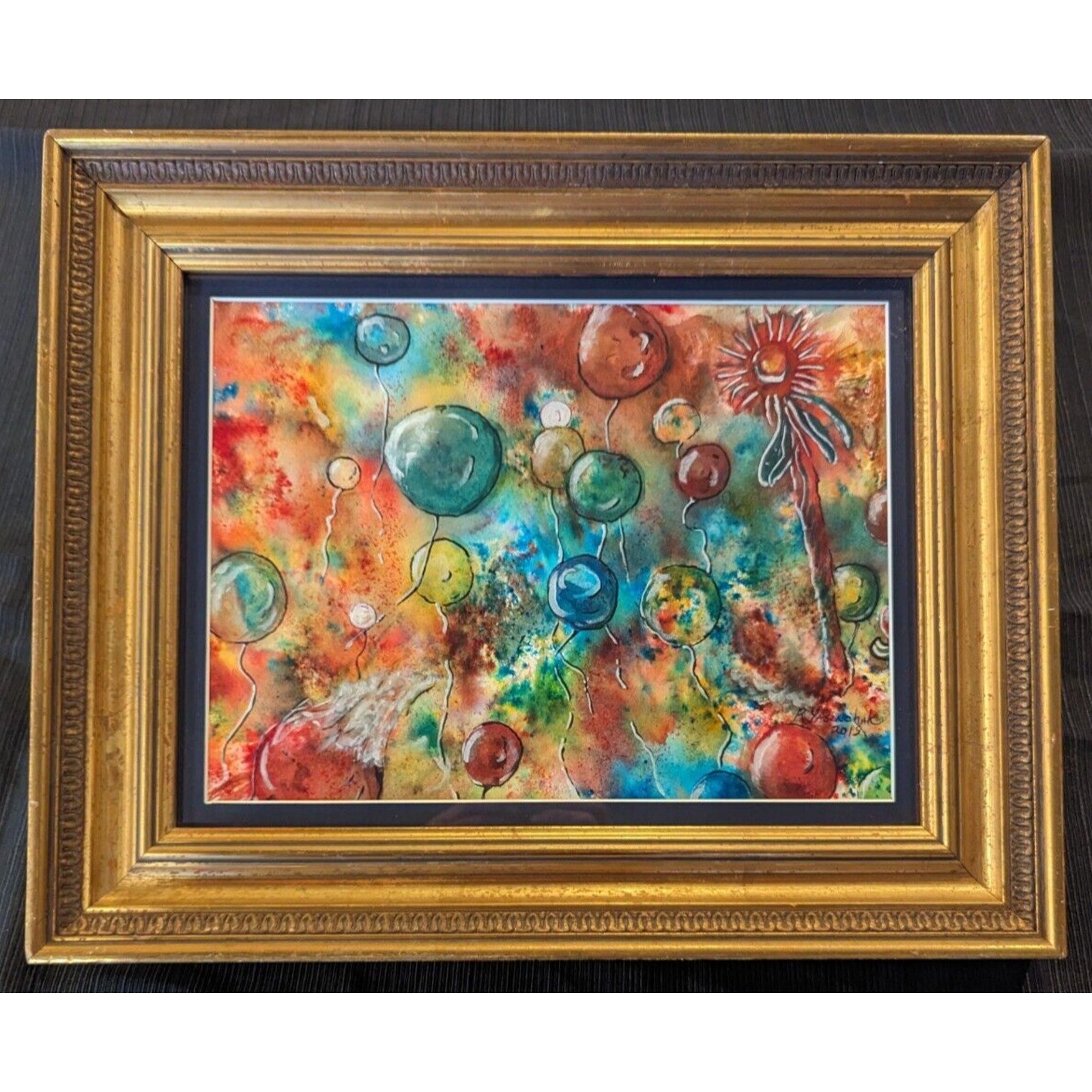 Framed Watercolor & Ink Balloons Popping Painting by Robert Yasenchak 2019