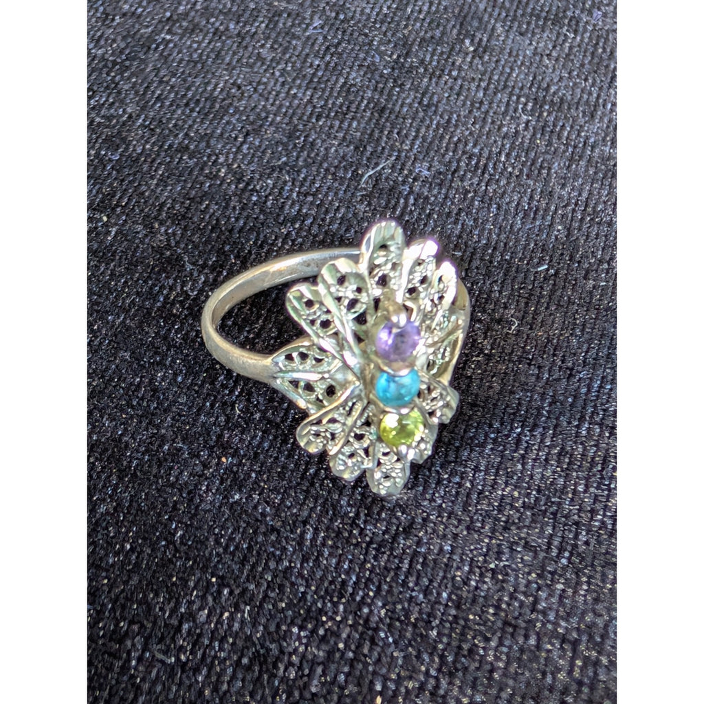 Filigree Ring in Sterling Silver 925 with Amethyst Peridot & Topaz Size 8