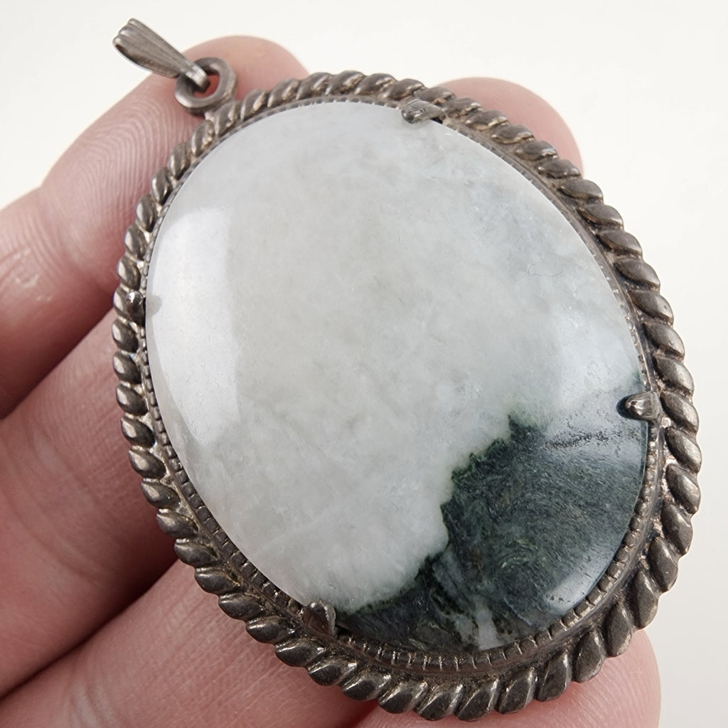 Oval Green Agate Sterling Silver 925 Pendant Vintage