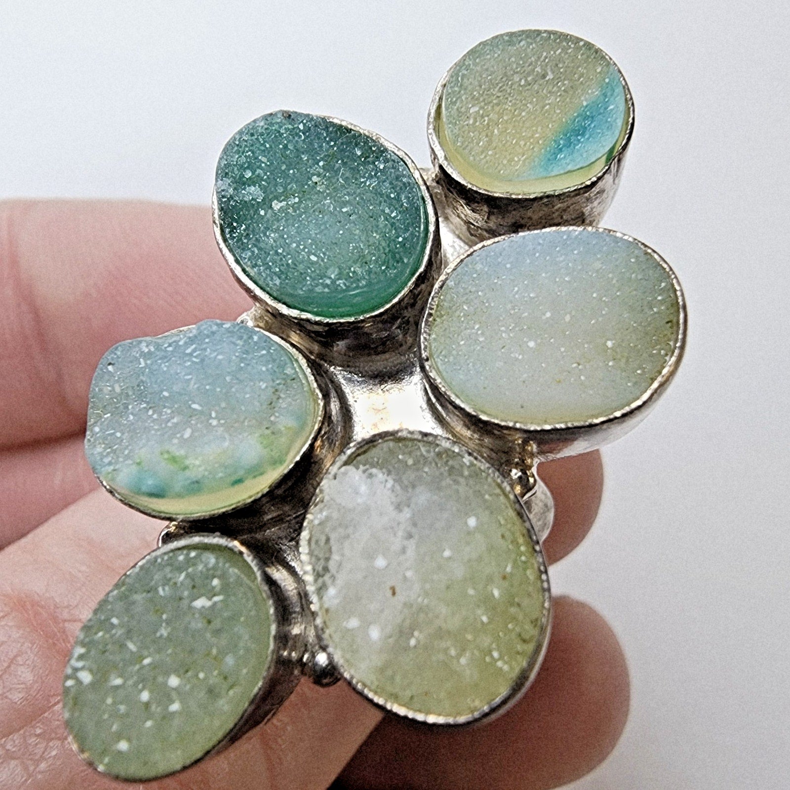 Green Druzy Cluster Ring Size 9 1/2 Sterling Silver 925 Vintage