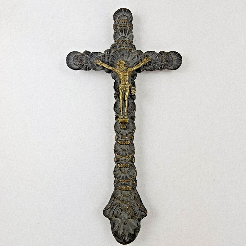 18/19th C Spanish Colonial Bronze Crucifix Antique Brass Cross 5"