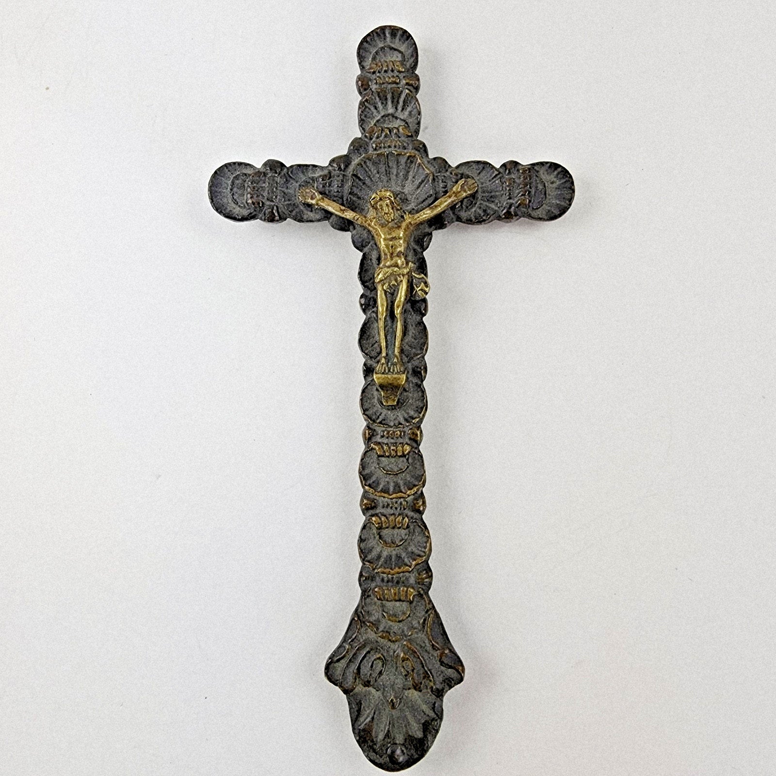 18/19th C Spanish Colonial Bronze Crucifix Antique Brass Cross 5"