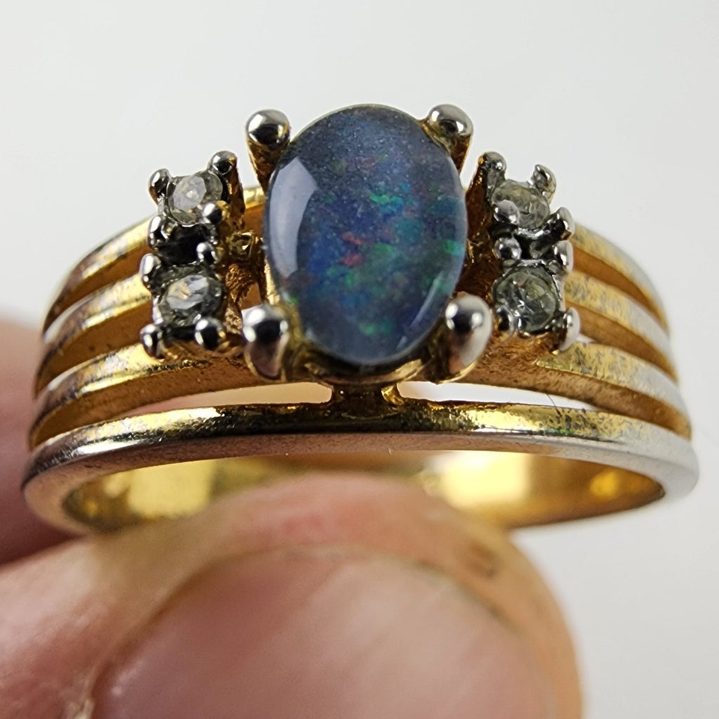 18K HGE Black Opal Ring Size 6 1/2 Heavy Gold Electroplate Vintage