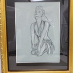 1945 Pair of PinUp Charcoal Pencil Sketches Female Figure Portrait Gold Frame
