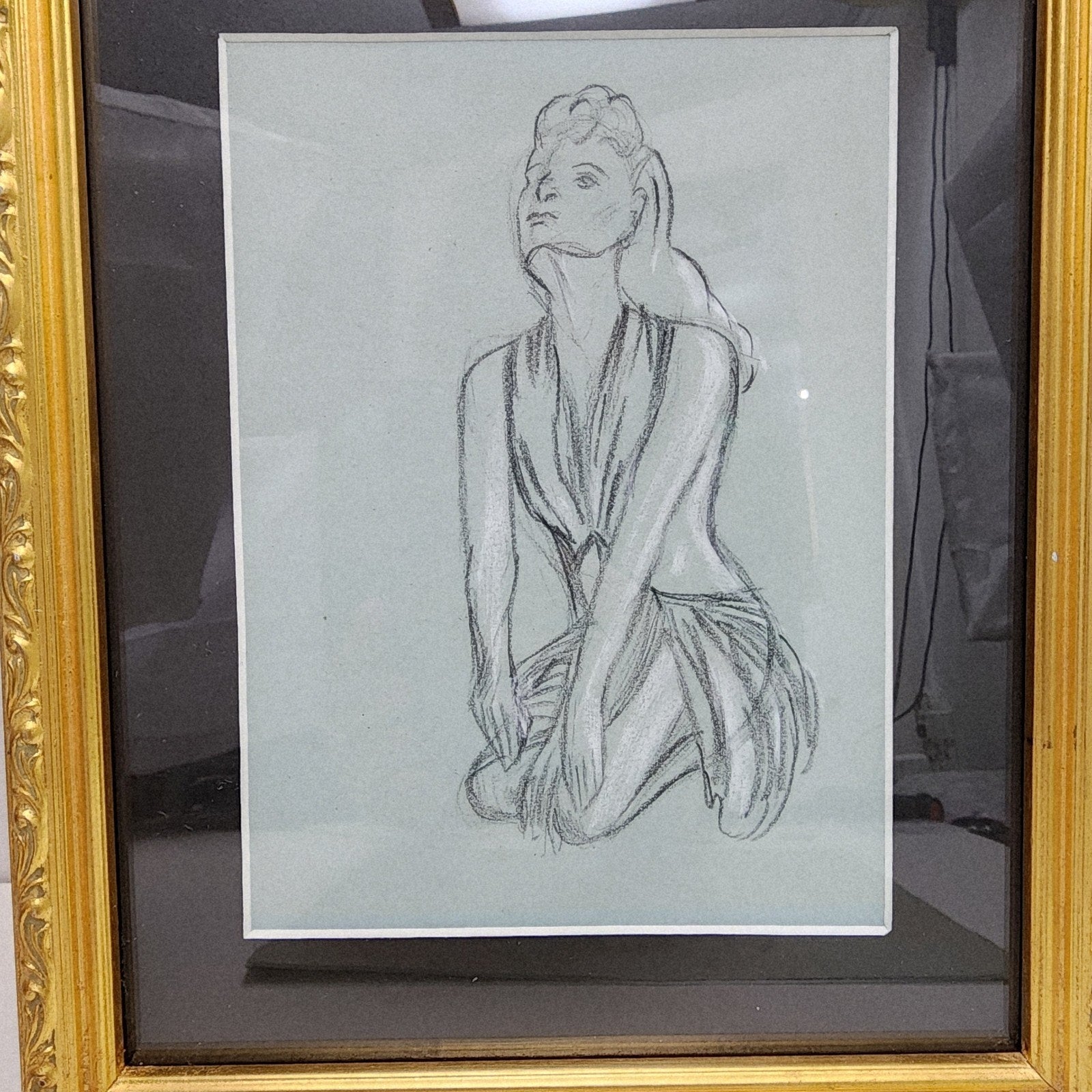 1945 Pair of PinUp Charcoal Pencil Sketches Female Figure Portrait Gold Frame