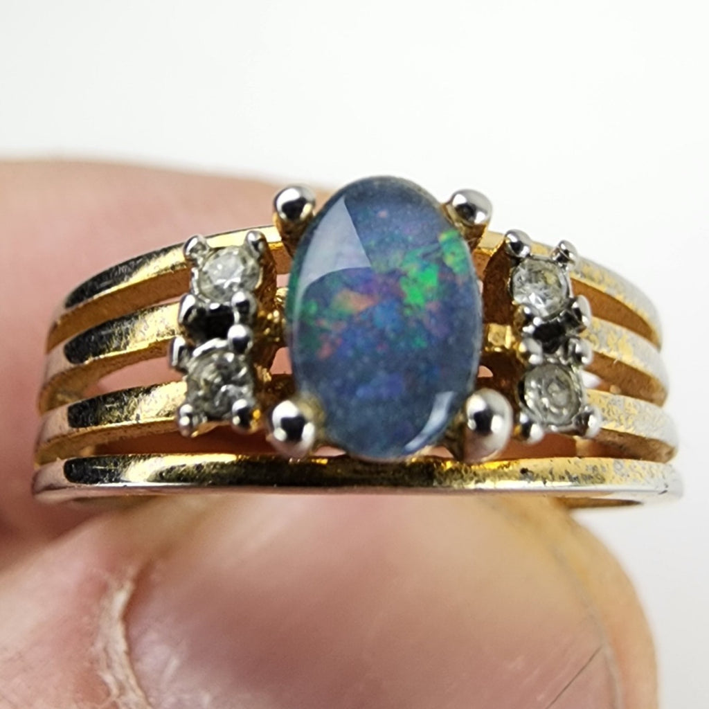18K HGE Black Opal Ring Size 6 1/2 Heavy Gold Electroplate Vintage