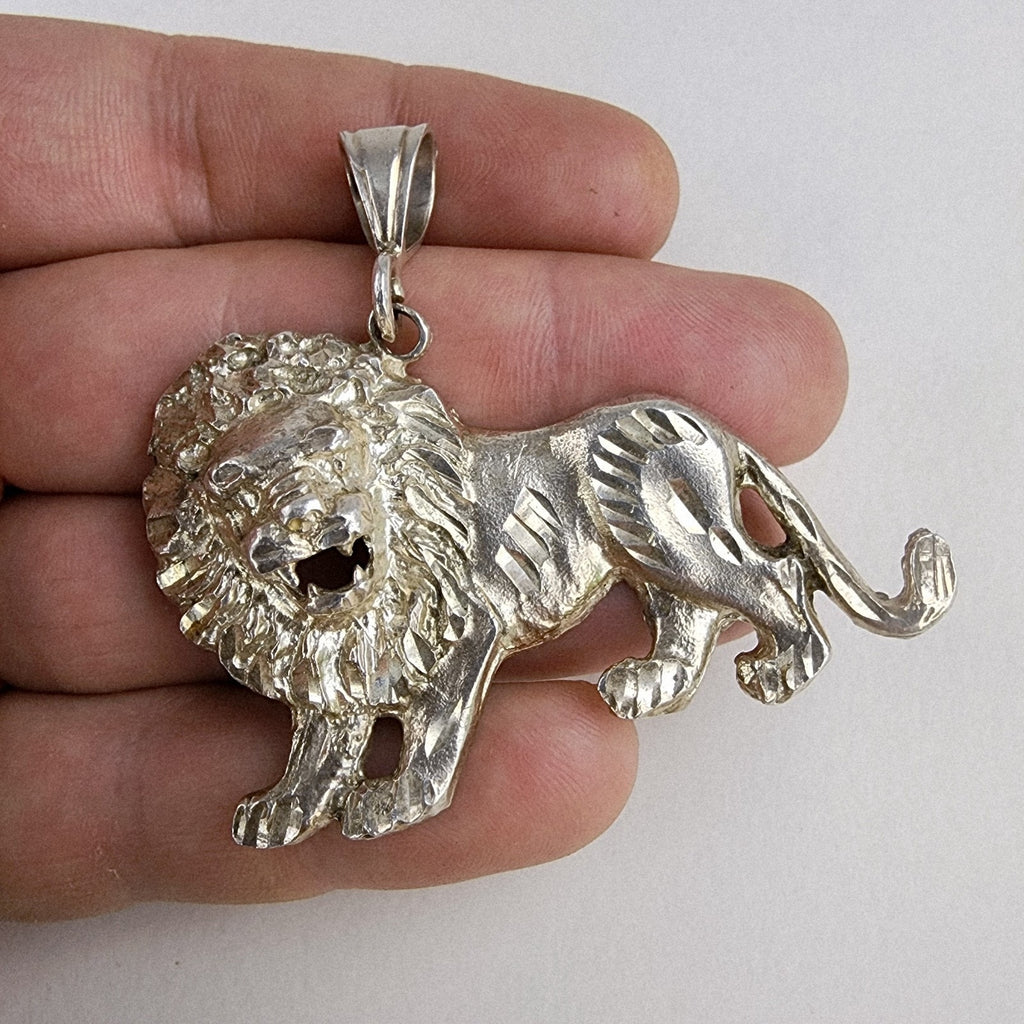 Diamond Cut Lion Sterling Silver 925 Pendant Large Bail