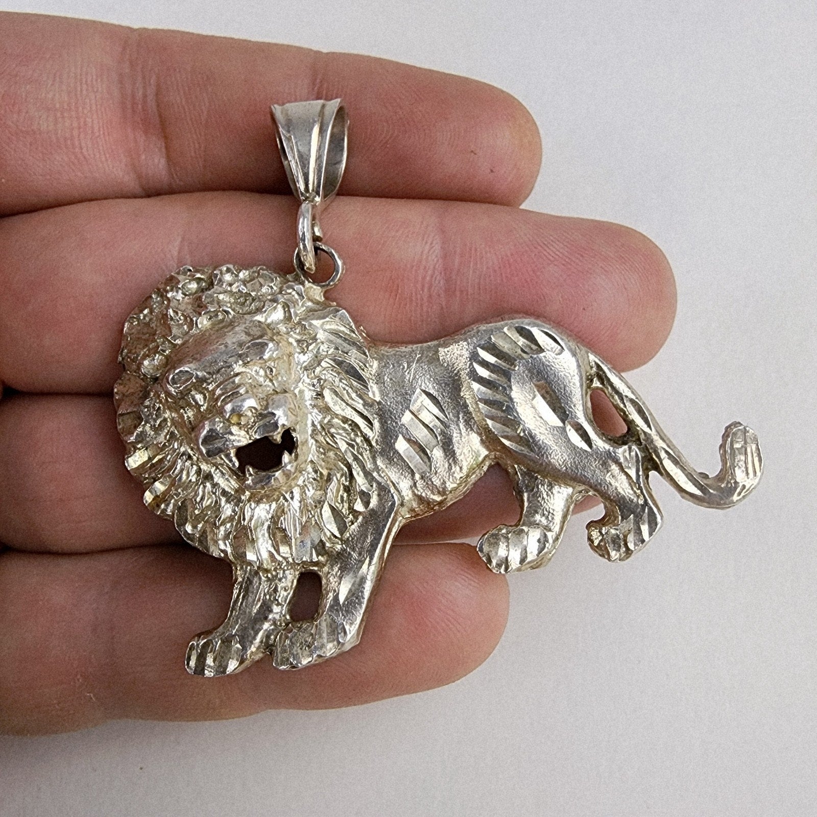 Diamond Cut Lion Sterling Silver 925 Pendant Large Bail