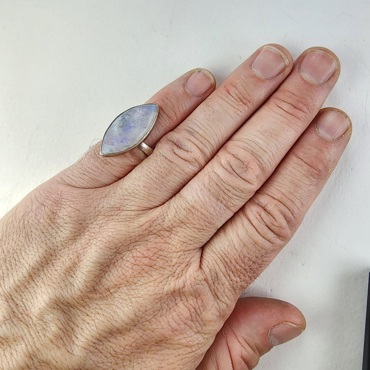 Rainbow Moonstone Marquise Cabochon Ring Size 8 Adjustable Sterling Silver 925