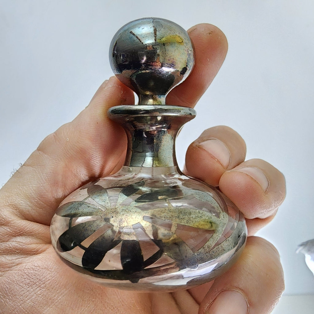 Art Nouveau Sterling Silver Overlay Glass Perfume Bottle with Stopper