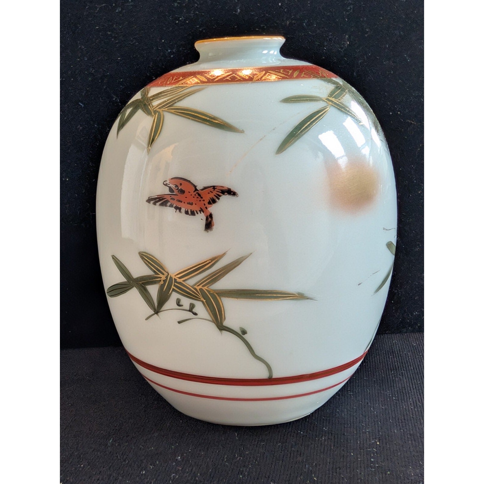 Kutani Bud Vase Japanese Hand Painted Porcelain Gilt Bamboo Scene 4" Tall