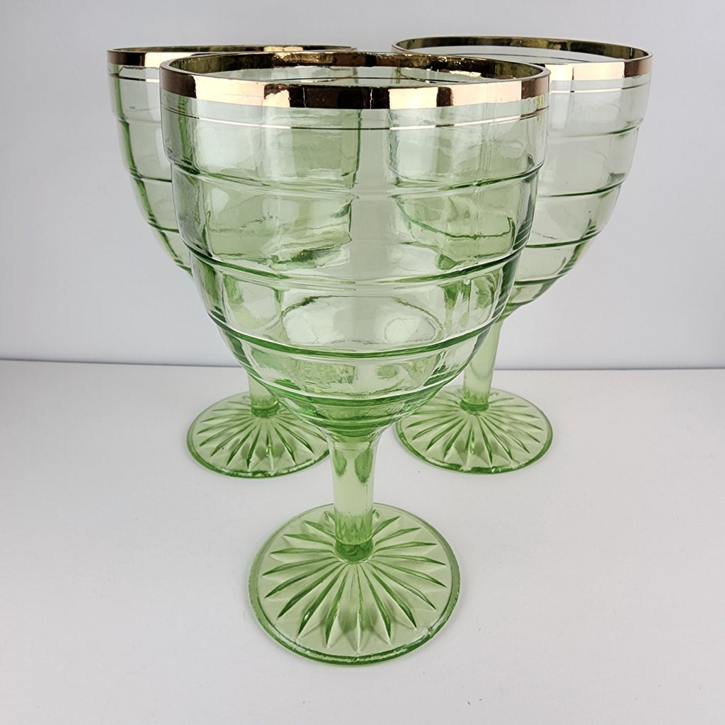 Anchor Hocking Block Optic Pattern 6" Gold Rimmed UV Uranium Wine Glass Set of 3
