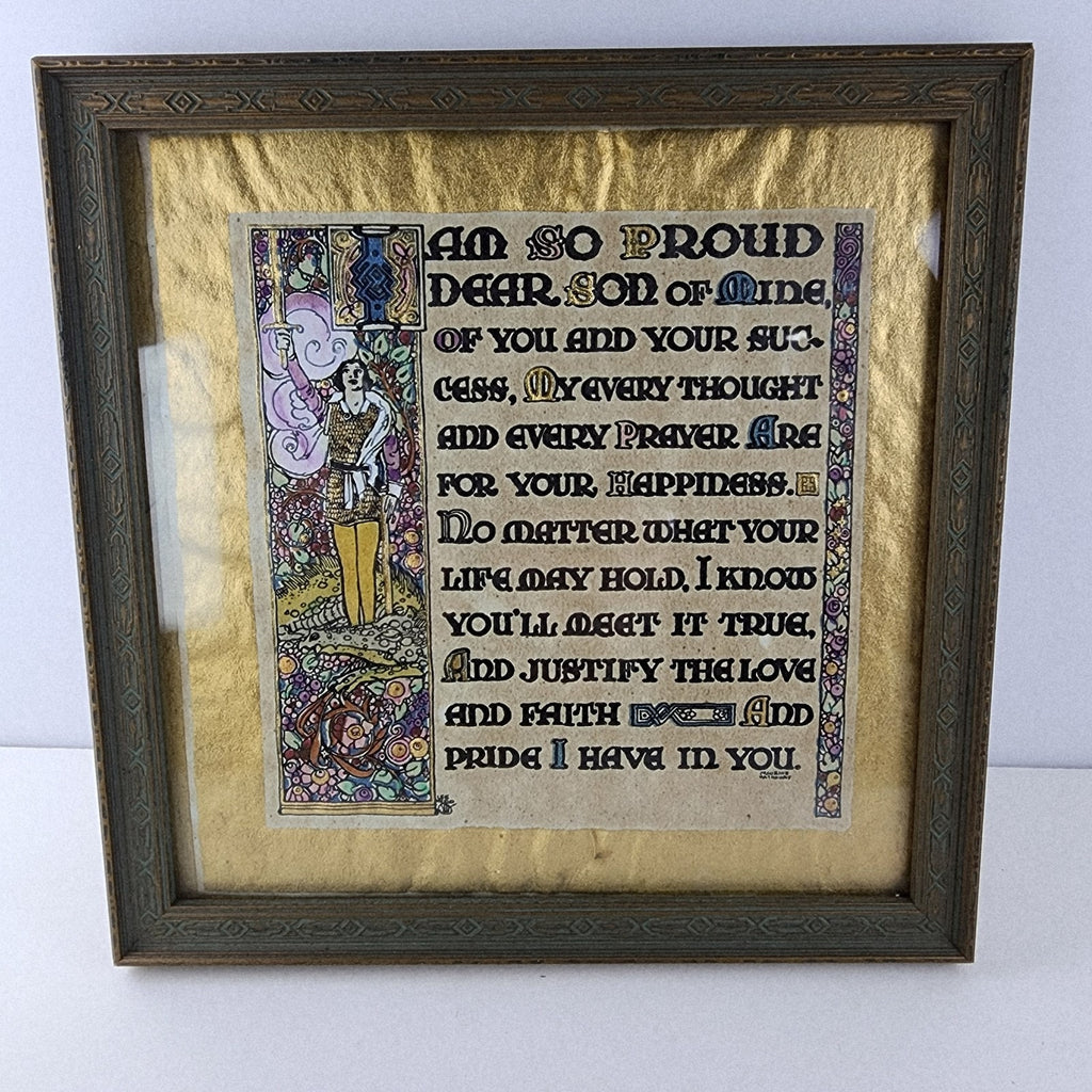 Hand Illuminated Gilded Devotional Parchment Print to Son Original Box Antique