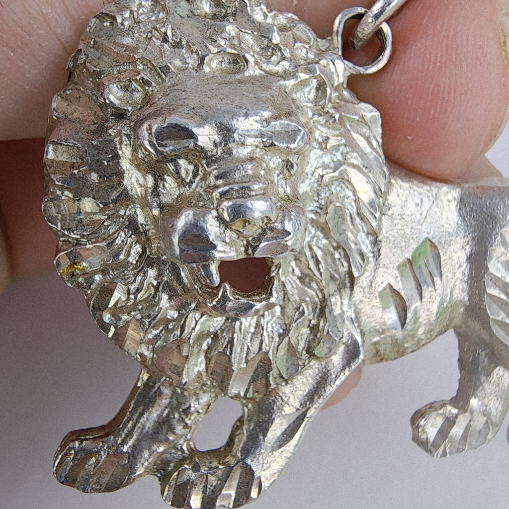 Diamond Cut Lion Sterling Silver 925 Pendant Large Bail