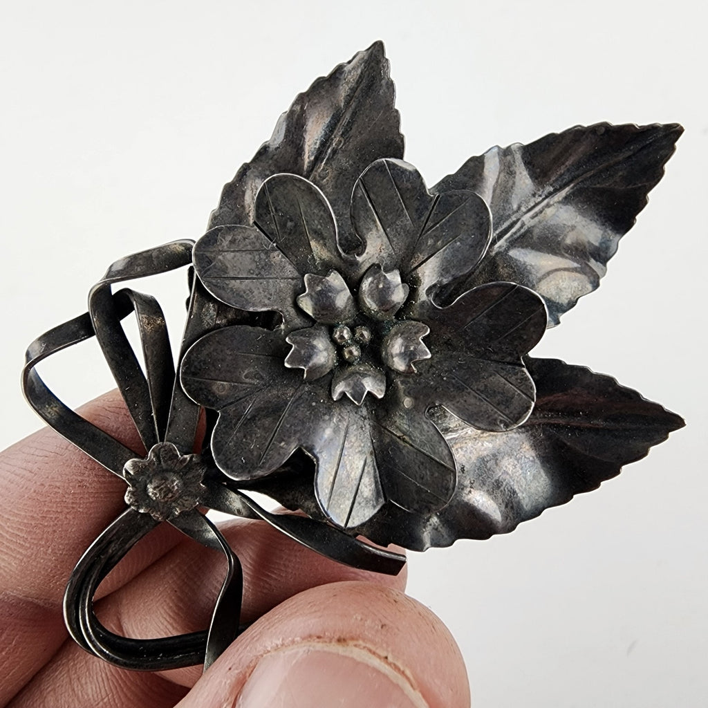 Leaf Ribbon Brooch Sterling Silver 925 Angello Bros Pin Antique