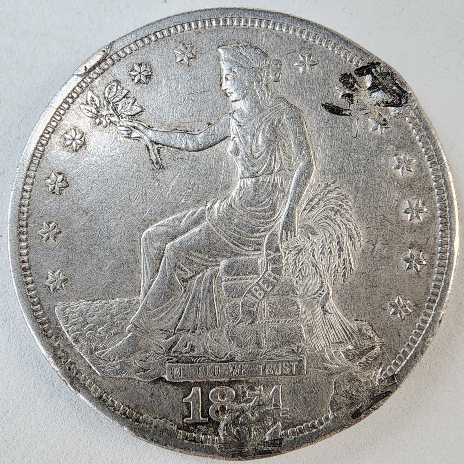 1874 S Chopmarked Trade Dollar US $1 San Francisco Chinese