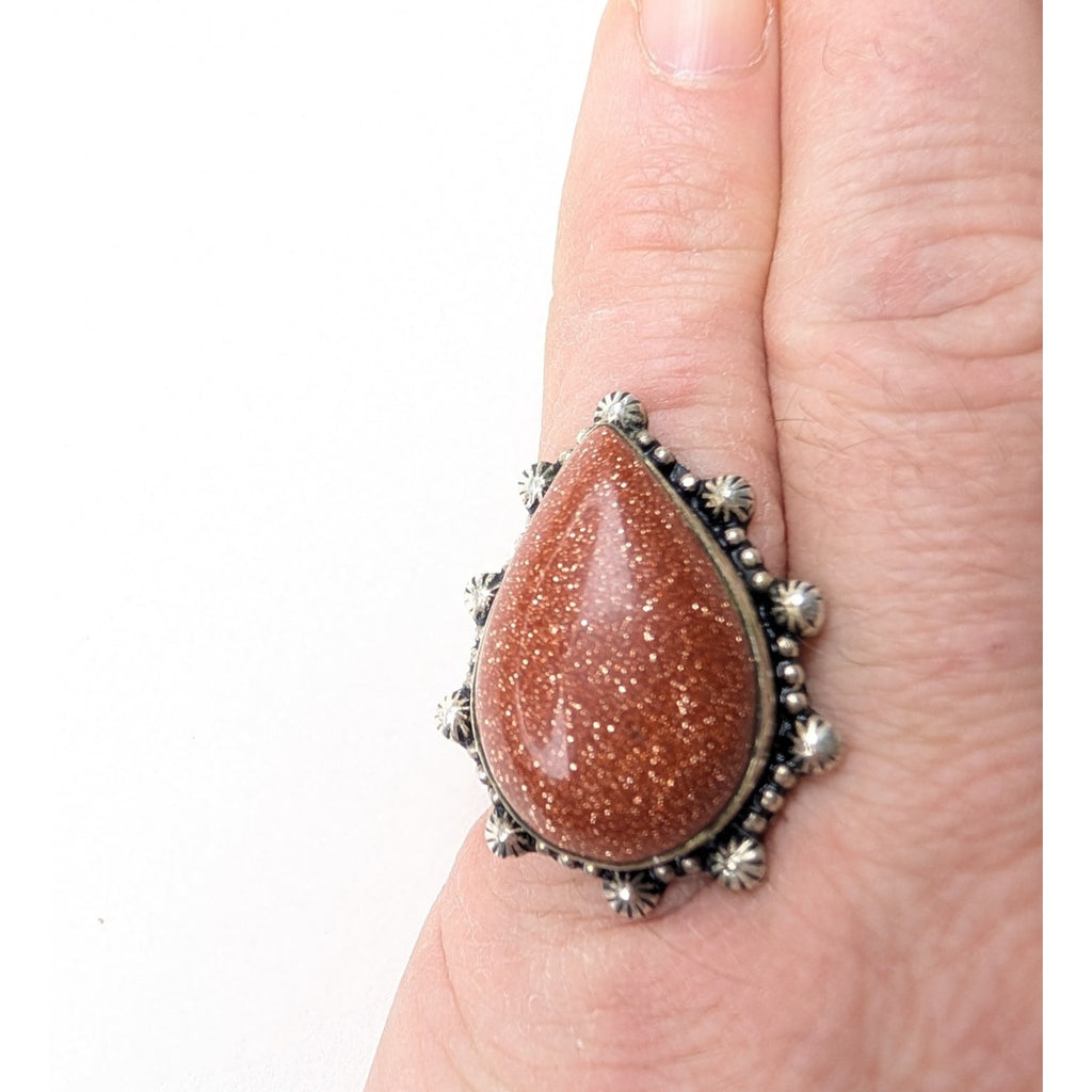 Southwestern Orange Sunstone Sterling Silver 925 Beaded Ring Size 9