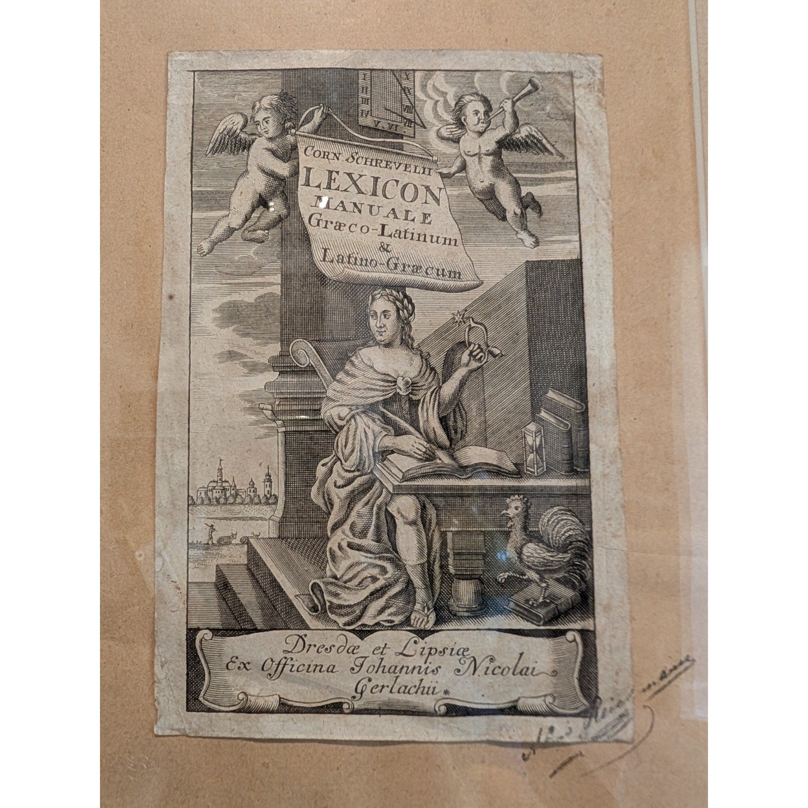 1670 Cornelius Schrevelius Lexicon Manuale Title Page Signed and Framed