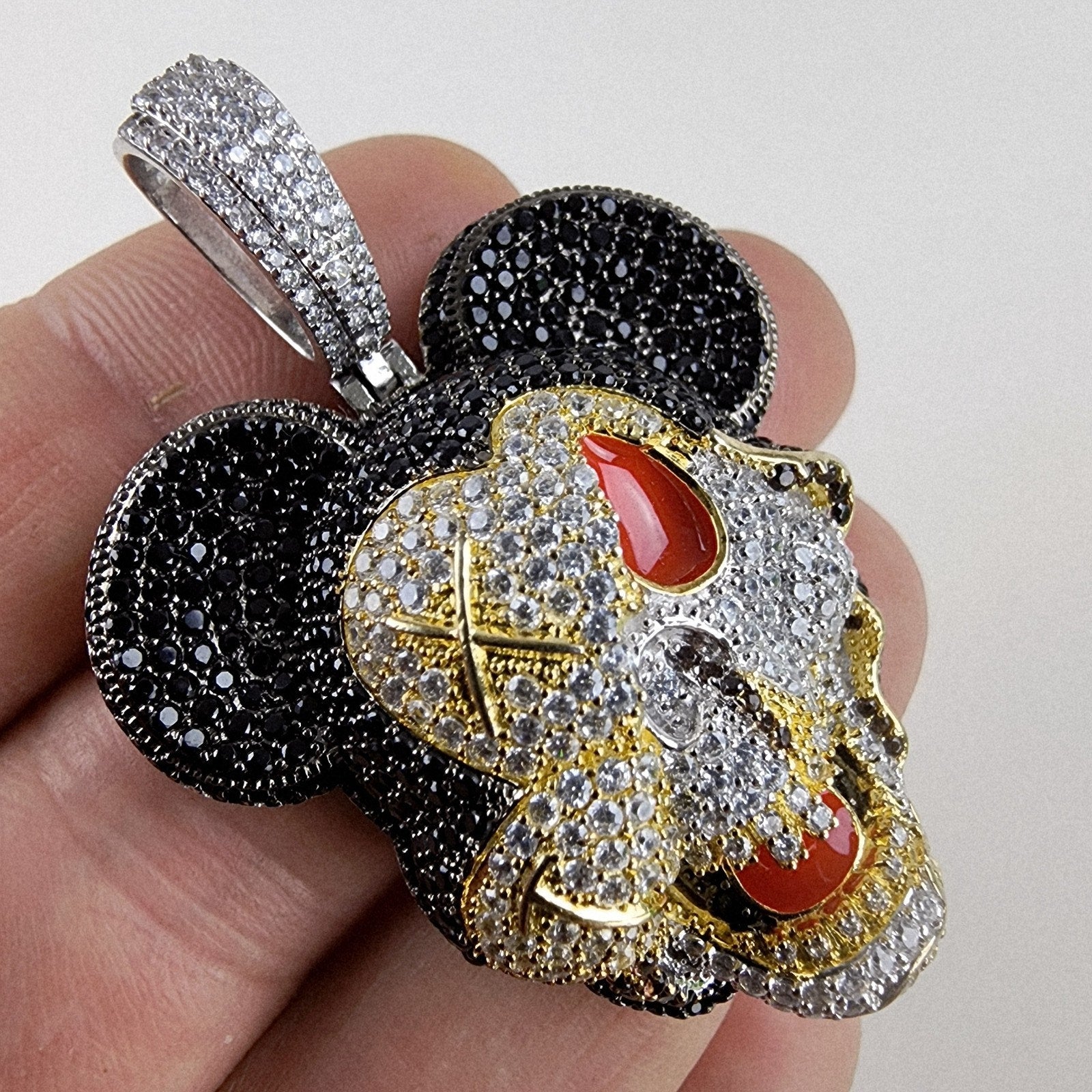 Iced Out Twisted Mickey Mouse Sterling Silver 925 Pendant New