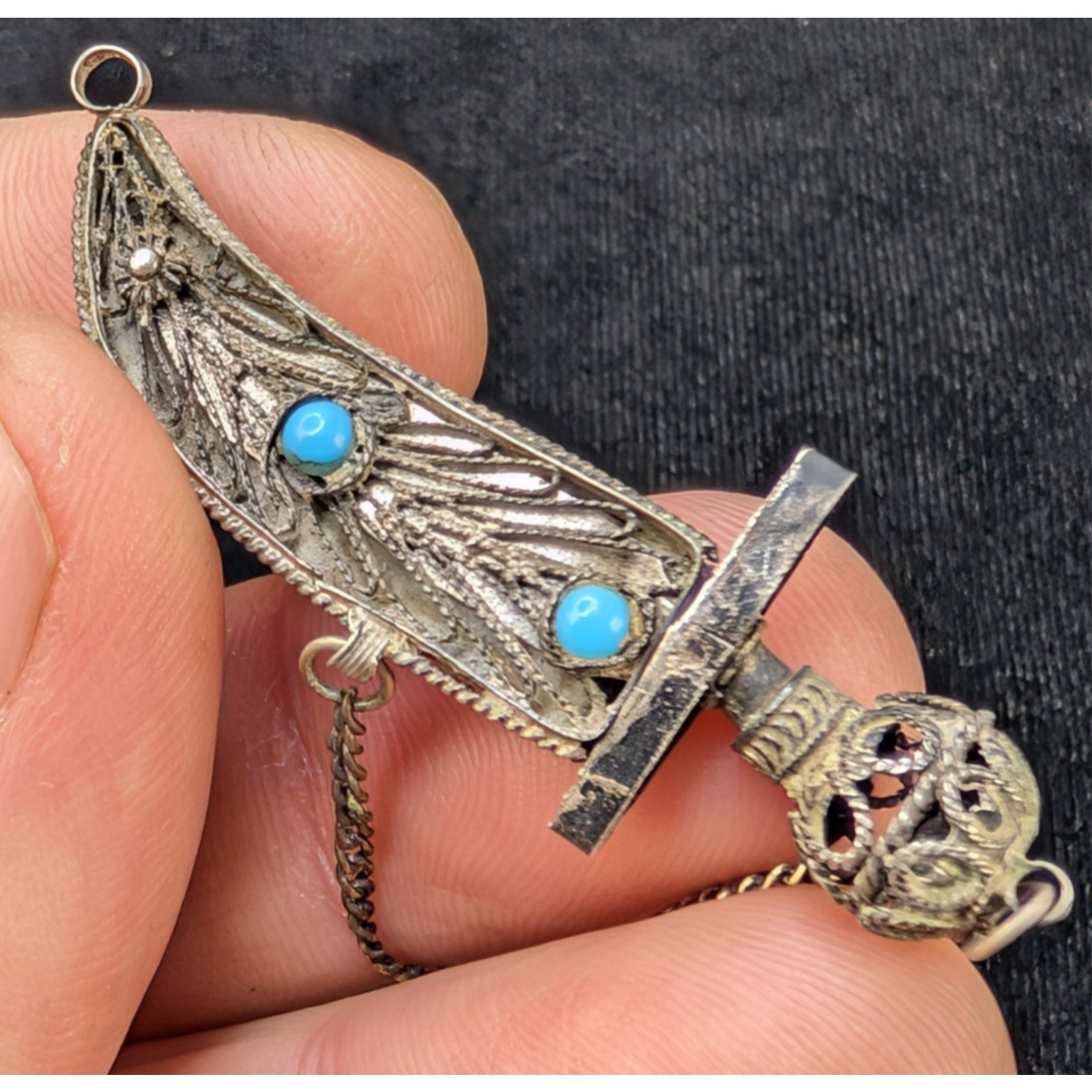 Vintage Filigree Turquoise Dagger Pendant or Brooch Sterling Silver 935 Isreal
