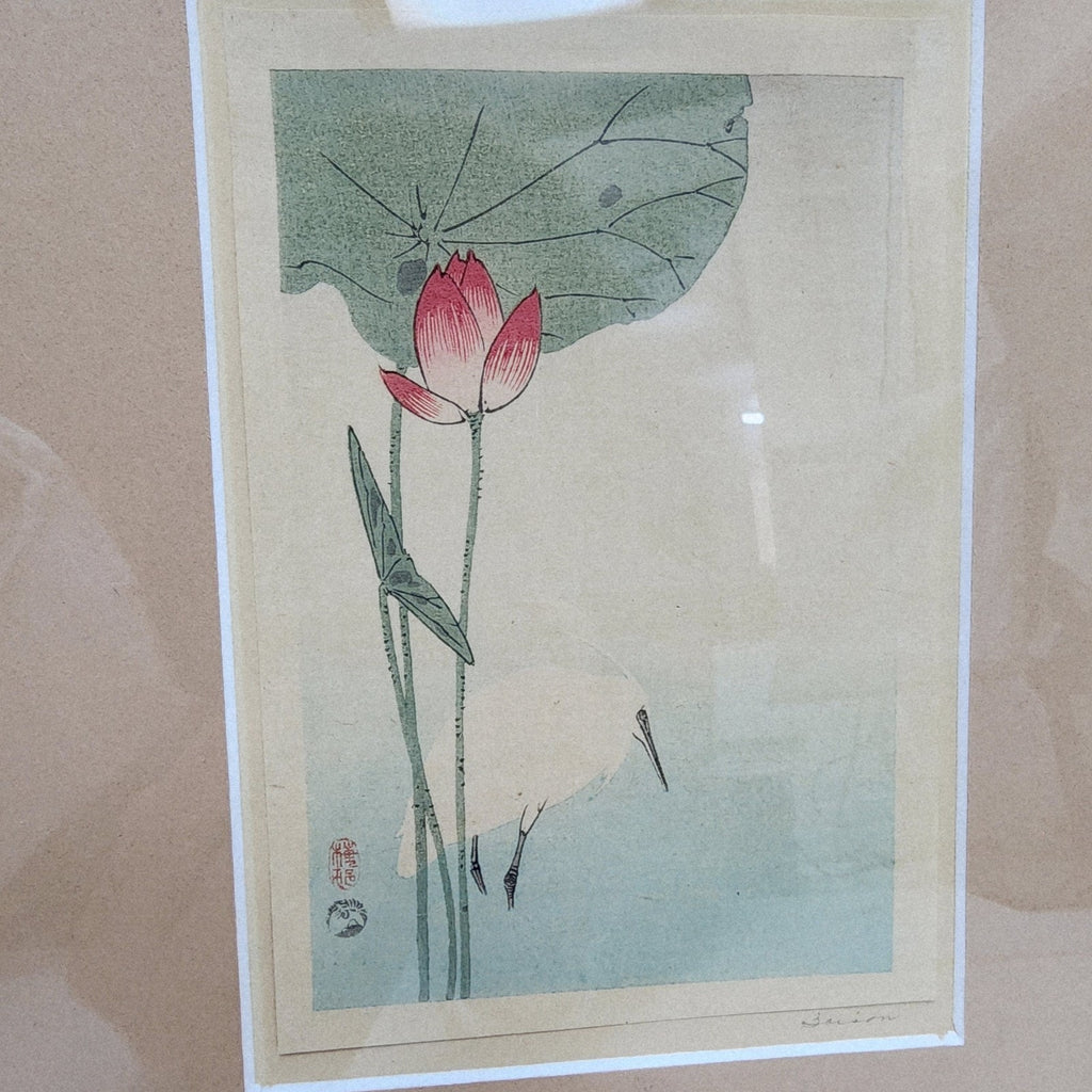White Heron and Lotus by Okada Baison Signed Japanese Woodblock Print Meiji Era