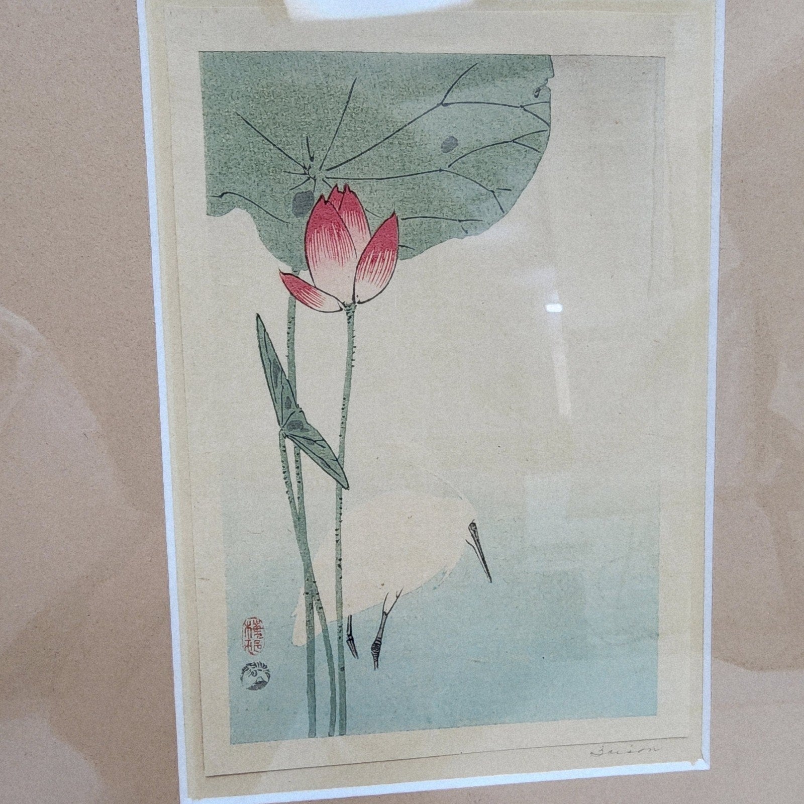 White Heron and Lotus by Okada Baison Signed Japanese Woodblock Print Meiji Era