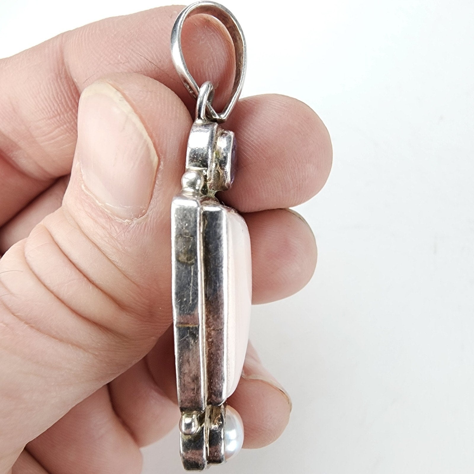 Pink Rhodonite Pearl & Amethyst Pendant Sterling Silver 925 Vintage