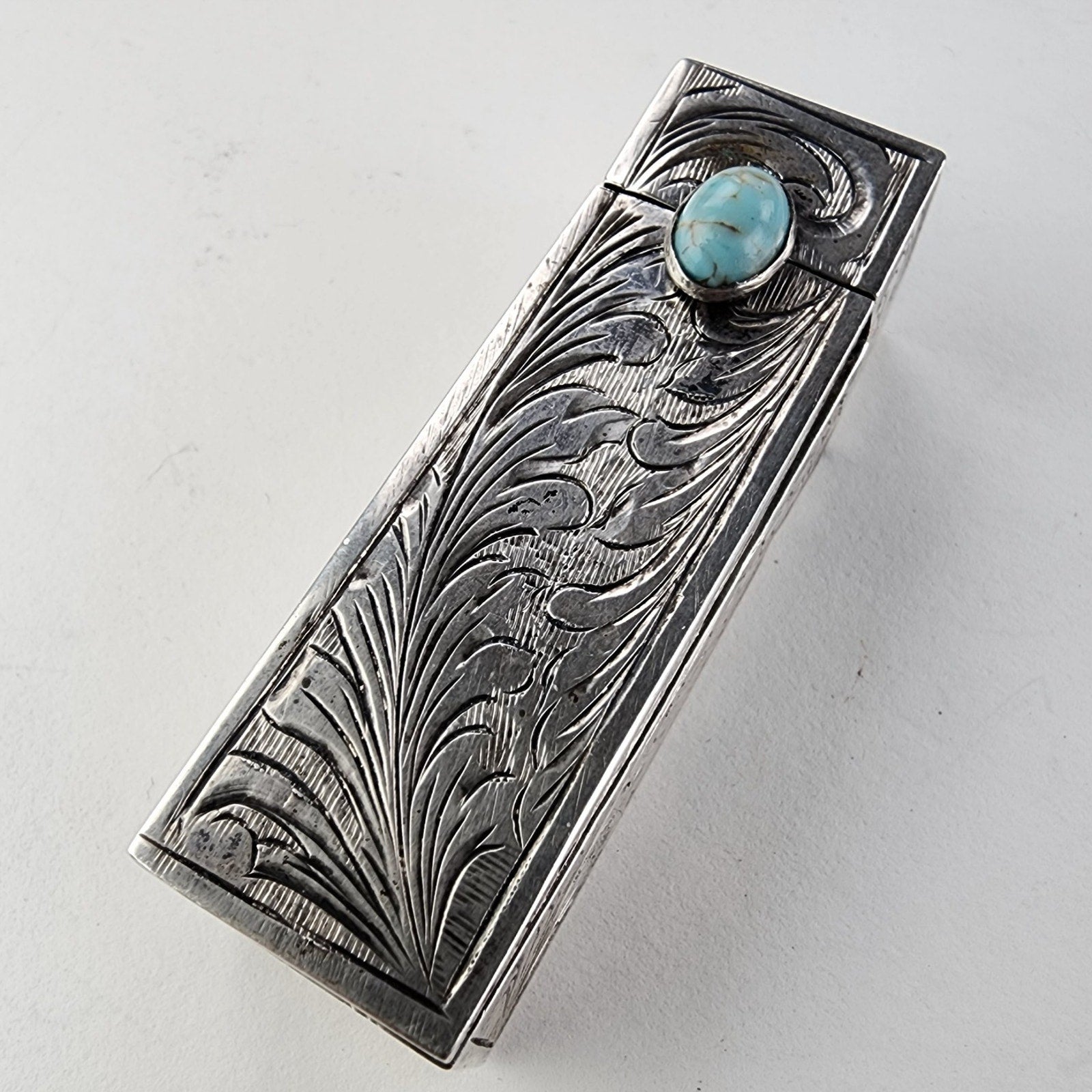 Etched Turquoise Accentt 800 Silver Lipstick Container with Mirror Italy Antique