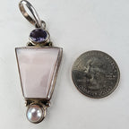 Pink Rhodonite Pearl & Amethyst Pendant Sterling Silver 925 Vintage