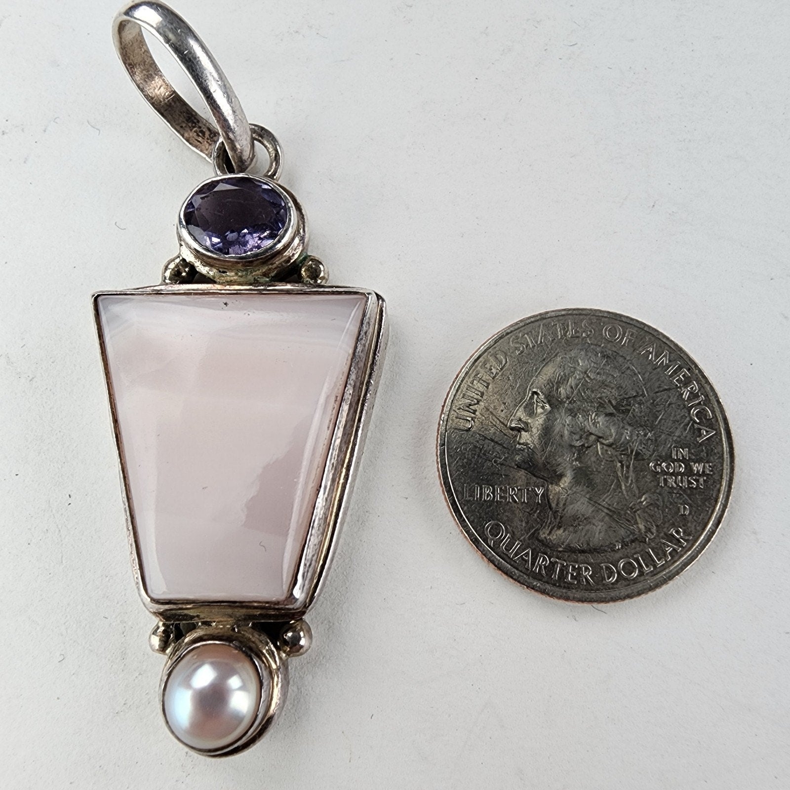 Pink Rhodonite Pearl & Amethyst Pendant Sterling Silver 925 Vintage