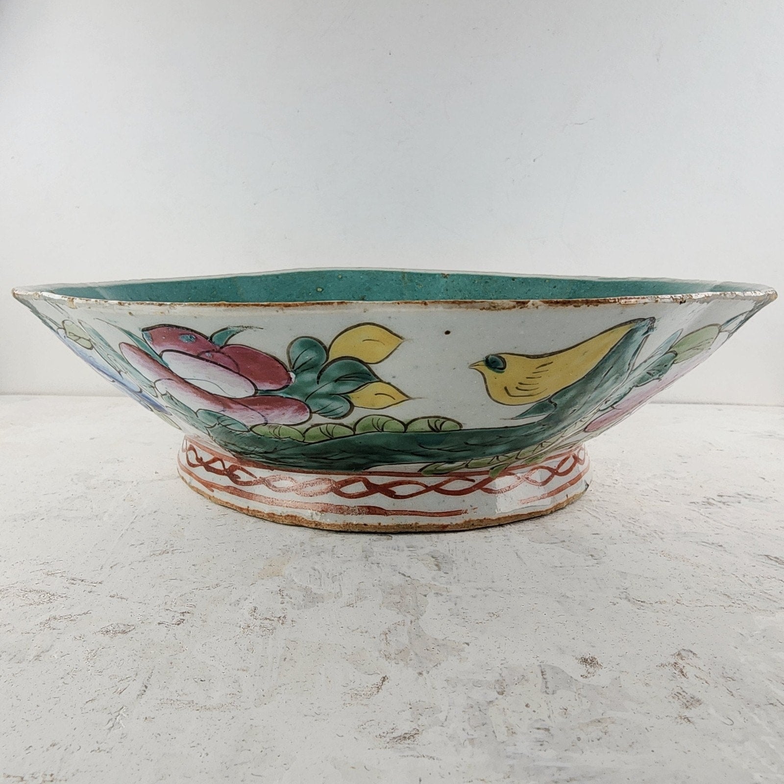 19th C Chinese Famille Rose Scalloped Turquoise 8" Porcelain Bowl Qing Dynasty