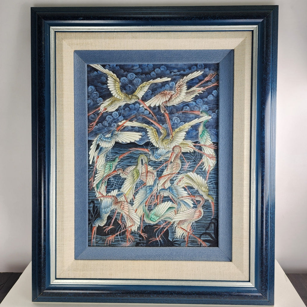 Heron Painting on Fabric by I Wayan Balik Framed Ubud Bali Indonesia