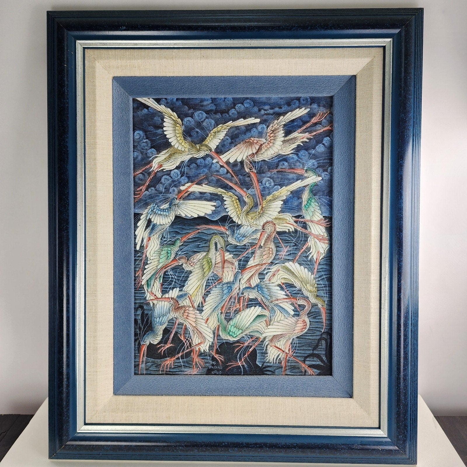 Heron Painting on Fabric by I Wayan Balik Framed Ubud Bali Indonesia