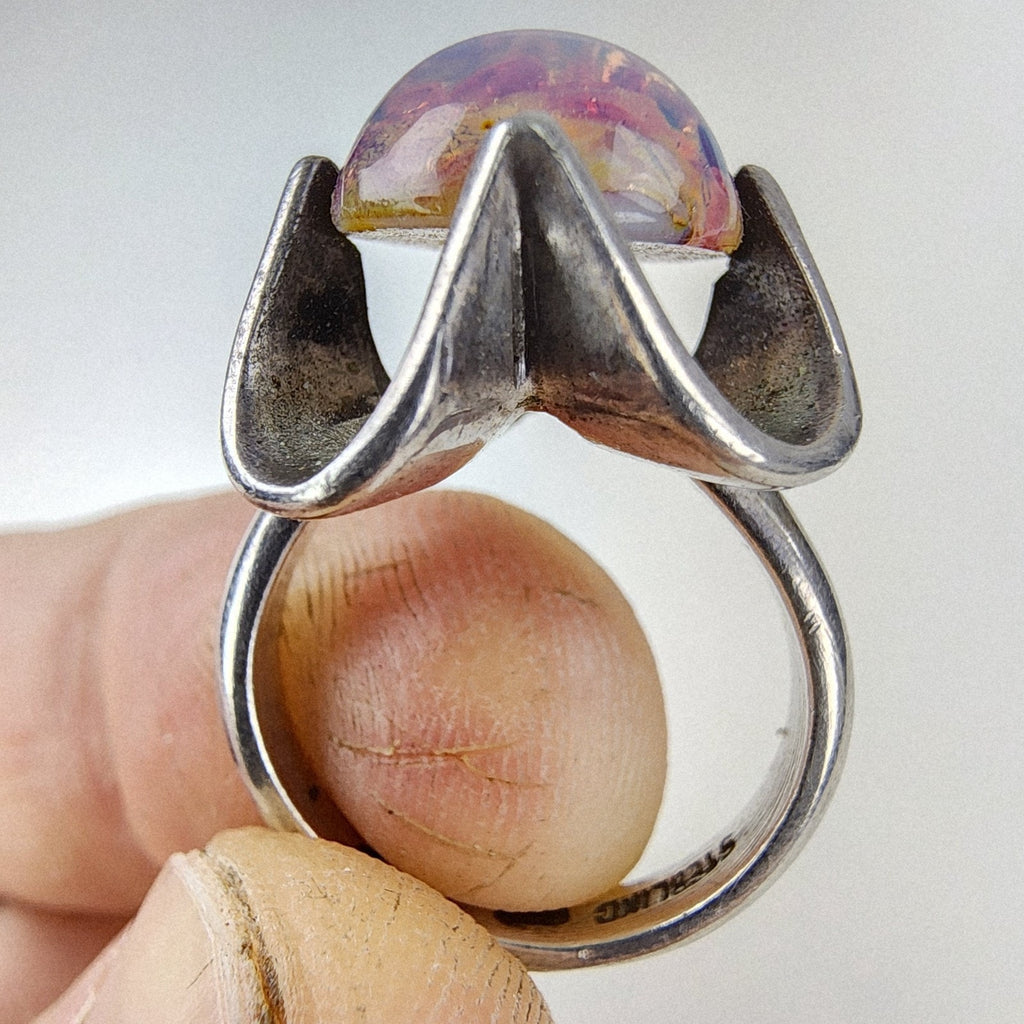 Foil Faux Opal Cabochon Ring Size 6 Sterling Silver 925 Vintage