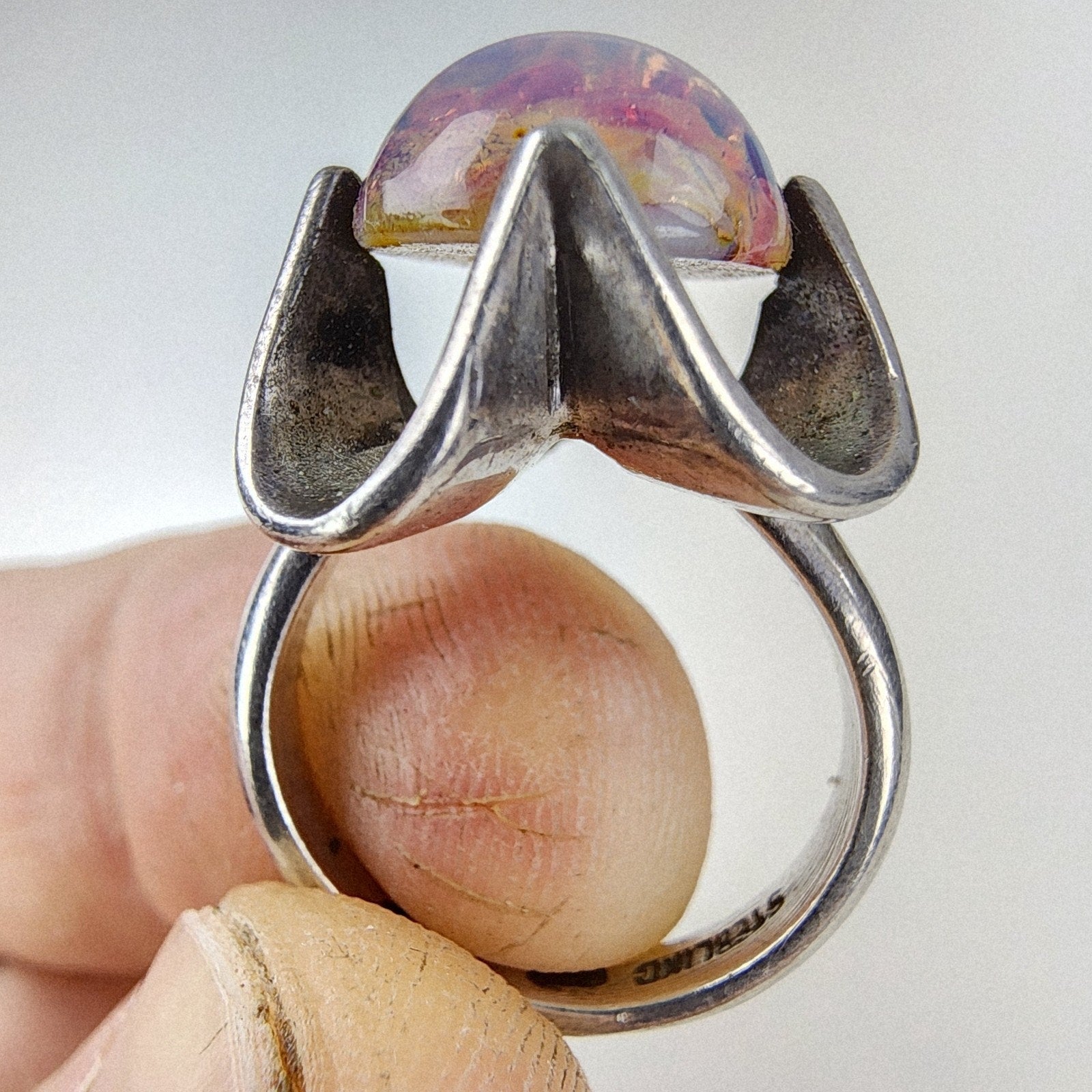 Foil Faux Opal Cabochon Ring Size 6 Sterling Silver 925 Vintage