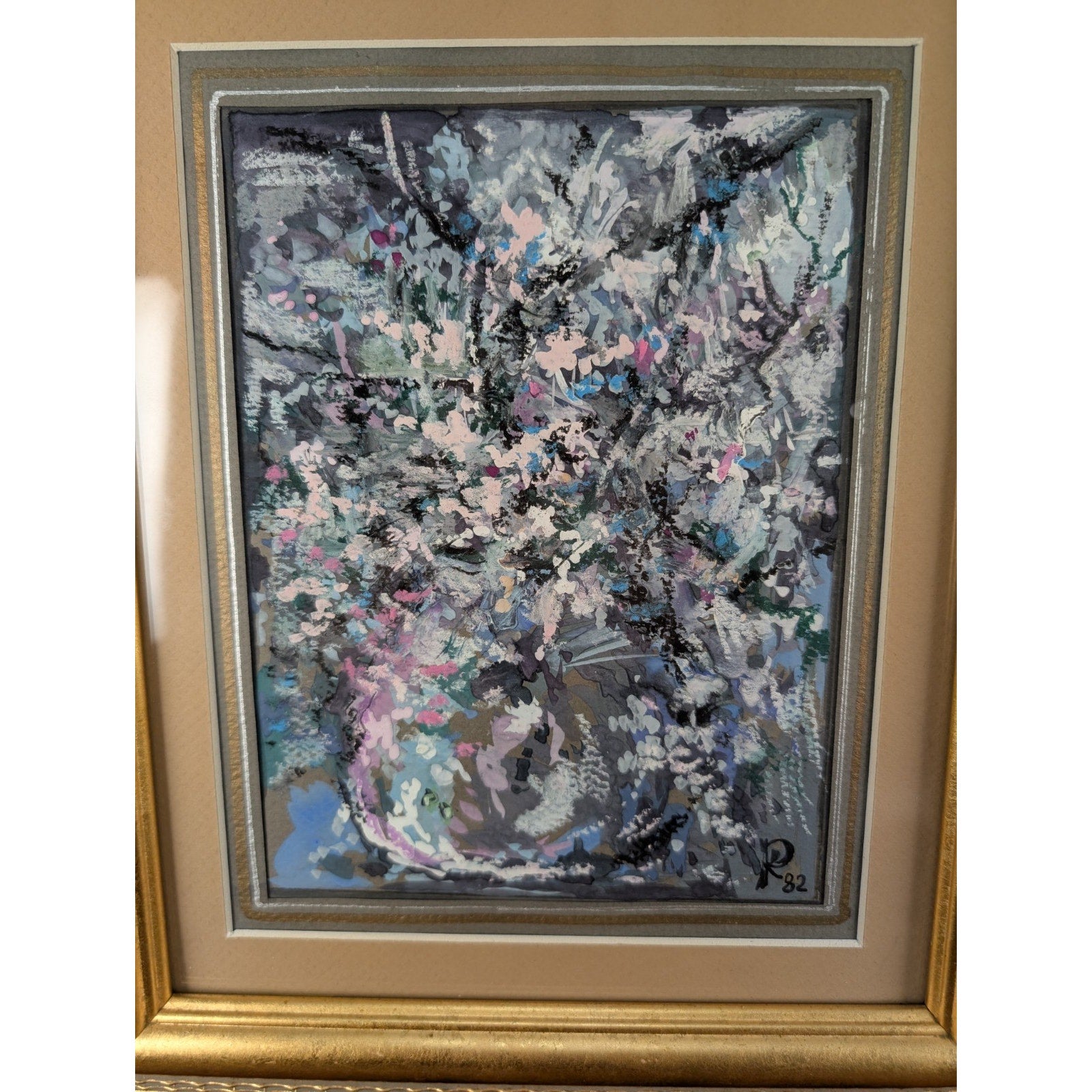 Impressionist Abstract Acrylic on Paper Flower Signed in Gilded Frame 1982